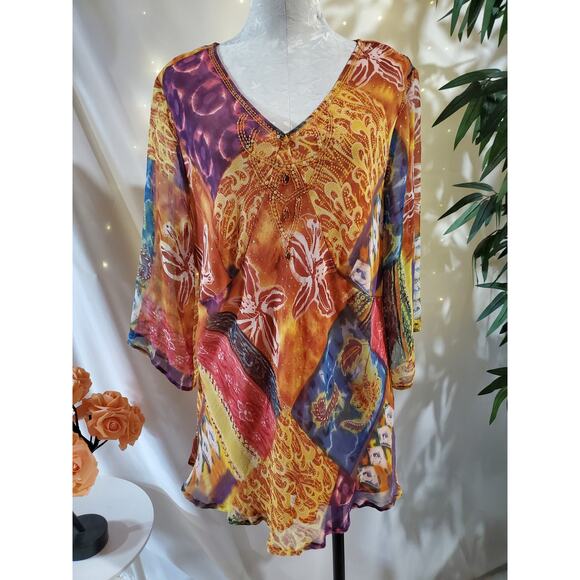 Vtg Avenue 100% Silk Embellished Sequin Tunic Blouse Plus Size 22/24 Boho Artsy - Picture 1 of 12